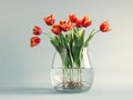 Tulips with roots grow in glass vase with water Royalty Free Stock Photo