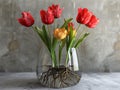 Tulips with roots grow in glass vase with water Royalty Free Stock Photo