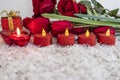 Tulips, roses flower and heart shaped candle on an snow like background Royalty Free Stock Photo