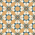 Orange and blue vector folk tulips seamless pattern with dot fills. Regularly repeating geometric flowers.