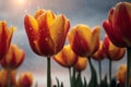 field of fresh mixed white, yellow, red, pink, orange, purple tulip flower