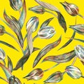 Tulips spring flowers seamless pattern with colored pencil texture on yellow background.
