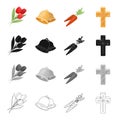 Tulips, the symbol of Easter, bell, carrot, golden cross. Easter set collection icons in cartoon black monochrome Royalty Free Stock Photo