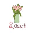 Tulips in a vase bouquet. March 8 postcard template. card, poster, sticker, banner. sketch hand drawn doodle style. pink. flowers Royalty Free Stock Photo