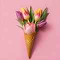 Tulips in a waffle ice cream cone on a pink background. Mothers Day, Valentines Day, bachelorette, summer concept.