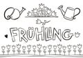 Tulips, watering cans and flower bed. German Spring coloring