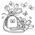 Tulips in a women`s backpack surrounded by butterflies