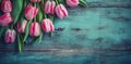 tulips on a wooden background in aqua colour, in the style of dark pink and turquoise, poster, simple Ai generated