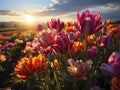 Tullip background. Field of colourfull tullips. Netherlands. Holand. Nature. Flowers