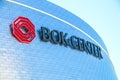 Tulsa USA - BOK Center close-up of sign on curved side with sun gleaming reflecting and light blue sky - room for copy