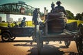 Tulsa USA - East Meets West statues along Route 66 the midpoint of the MotherRoad depicting an oilfield wagon and a