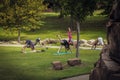Tulsa USA Group of adults practicing yoga in a park on grass and sidewalk with legs in the air on summer day
