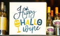 Tulsa USA - Happy Hallowine - Halloween wine display with sign and bottles of Omen Pinot Noir on shelf