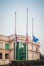 2020_09_25 Tulsa USA - Historical Society with American Tulsa and Oklahoma flags at half staff