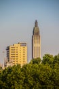 Tulsa USA - Oklahoma State University Medical Center and Boston Avenue Methodist Church tower over the trees in city Royalty Free Stock Photo