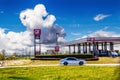 2020_05_14 Tulsa USA Quick Trip Convenience Store and gas station beside highway with semi truck parked and gas Royalty Free Stock Photo