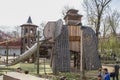 4-6-2018 Tulsa USA Unique wooden childrens slide built to look like huge elephant in Gathering Place public park with children and Royalty Free Stock Photo