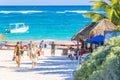 People boats caribbean coast and beach panorama view Tulum Mexico