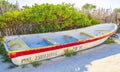 Waves boats caribbean coast and beach panorama view Tulum Mexico