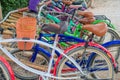 TULUM, MEXICO - JANUARY 10, 2018: Close up of bikes parked in a row in the enter of Mayan ruins of Tulum in Quintana Roo Royalty Free Stock Photo