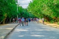 TULUM, MEXICO - JANUARY 10, 2018: Crowd of people walking in an ecological path surrounding of nature in Mayan ruins of Royalty Free Stock Photo