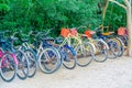 TULUM, MEXICO - JANUARY 10, 2018: Outdoor view of some bikes parked in a row in the enter of Mayan ruins of Tulum in Royalty Free Stock Photo