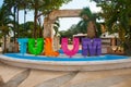 TULUM, MEXICO: Outdoor view of huge colorful letters of Tulum at the enter of Mayan Ruins of Tulum in Meixco