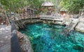 TULUM, QUINTANA ROO, MEXICO - Jul 28, 2019: Cenote Zacil-Ha`s colorful swimming area