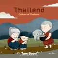 Tum boon make merit culture of thailand cute cartoon couple of kids and monk with elephant character vector illustration