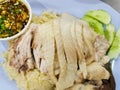 Tum chicken rice, tender chicken meat, along with delicious Thai dipping sauce