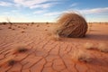 tumbleweed rolling over cracked, dry desert soil