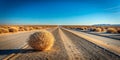 A tumbleweed rolling over an empty desert road under a clear sky AI Generative