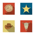 Tumbleweed, sheriff s star, hat, bull s skull. West West set collection icons in flat style vector symbol stock