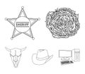 Tumbleweed, sheriff`s star, hat, bull`s skull. West West set collection icons in outline style vector symbol stock