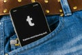 Tumblr application icon on Apple iPhone X smartphone screen close-up in jeans pocket. Tumblr plus app icon. Tumblr is internet onl Royalty Free Stock Photo