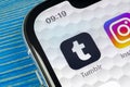 Tumblr plus application icon on Apple iPhone X smartphone screen close-up. Tumblr plus app icon. Tumblr is internet online social Royalty Free Stock Photo