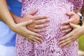 Tummy of pregnant woman wearing pale pink dress