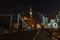 Tumski bridge with a cathedral at night, Wroclaw, Poland