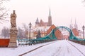 Tumski Bridge in snowy winter day, Wroclaw, Poland