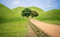 Tumuli park or Daereungwon tomb complex scenic view with several tumulus and green trees in middle Gyeongju South Korea