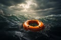 In tumultuous waters, an orange life buoy floats on a stormy day