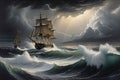 Tumultuous Waters Unleashed: Oil Painting of a Stormy Sea under Roiling Skies - Waves Cresting and Crashing, Dark Clouds in