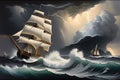 Tumultuous Waters Unleashed: Oil Painting of a Stormy Sea under Roiling Skies - Waves Cresting and Crashing, Dark Clouds in