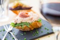 Tuna and anchovy tapa. A small slice of bread on which a small portion of food is placed is called a skewer. Royalty Free Stock Photo