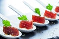Tuna appetizers on ceramic spoons. Royalty Free Stock Photo