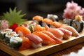 japanese japan meal sushi rice roll set food fish seafood. Generative AI.