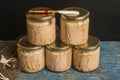 Tuna canned in glass jars with olive oil Royalty Free Stock Photo