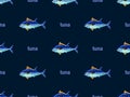 Tuna seamless pattern on blue background. Pixel style