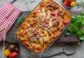 Tuna casserole or tuna pasta bake with macaroni noodles creamy tomato sauce and mozzarella cheese Royalty Free Stock Photo