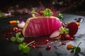 Tuna fillet with beetroot, radish and cherry sauce